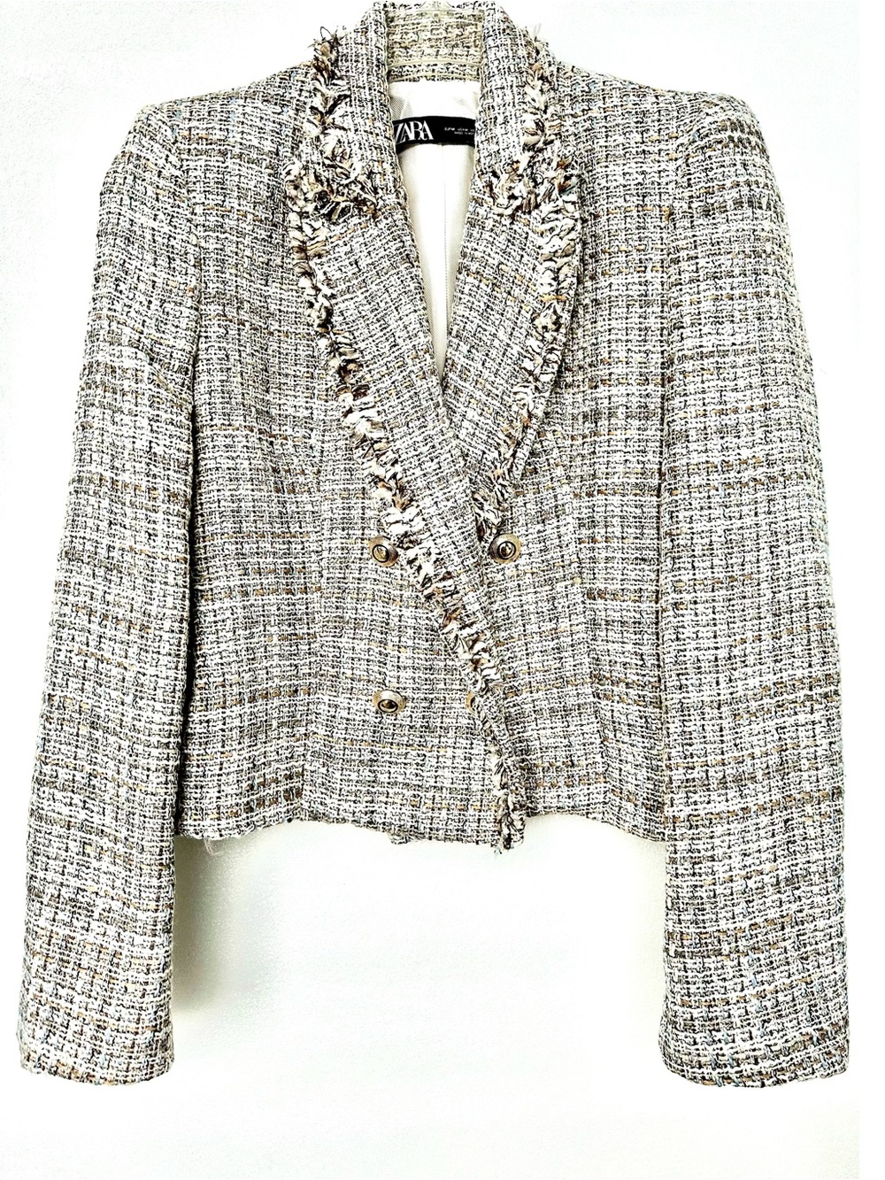 Zara Cropped Tweed Double-Breasted Jacket in Beige and White